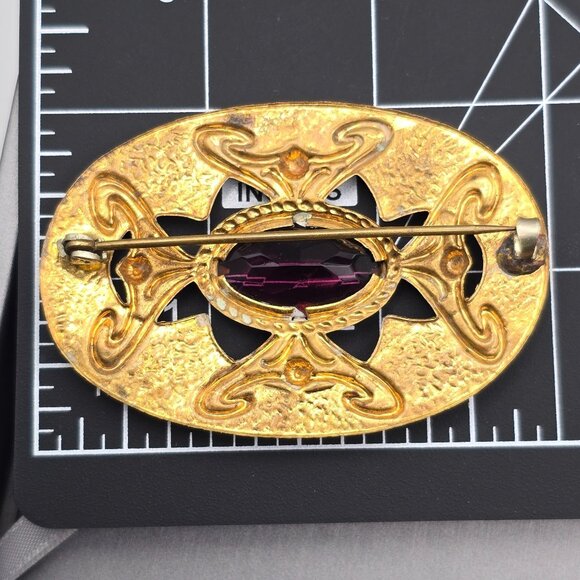 Art Nouveau Style Gold Tone Sash Pin Brooch Faceted Amethyst Glass Statement - Picture 10 of 10